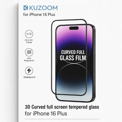 KUZOOM Premium Tempered Glass Screen Protector for iPhone 16 Plus Shatterproof Full Coverage